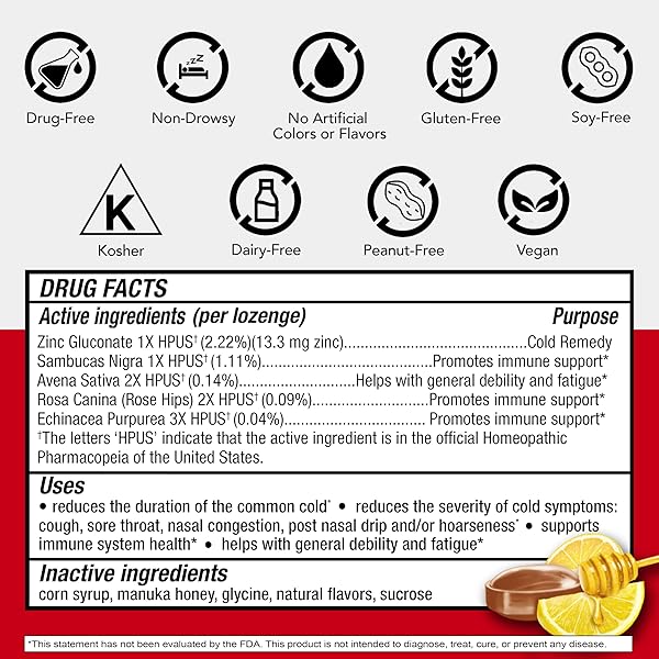 COLD-EEZE PLUS DEFENSE NATURAL MANUKA HONEY LEMON ZINC LOZENGES, HOMEOPATHIC COLD REMEDY, SHORTENS COMMON COLD SYMPTOMS, PROMOTES IMMUNE HEALTH, SAMBUCUS NIGRA, ECHINACEA AND ROSE HIPS, 25 CT.