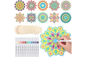 Vercraft 22 Pcs Wooden Mandala Painting Set 10 Mandala Unfinished Wood Cutouts with 12 Markers for Crafts Mandala Wood Slices for Adults Painting, DIY Crafts Tags Wedding Home Decors(Artsy Style)