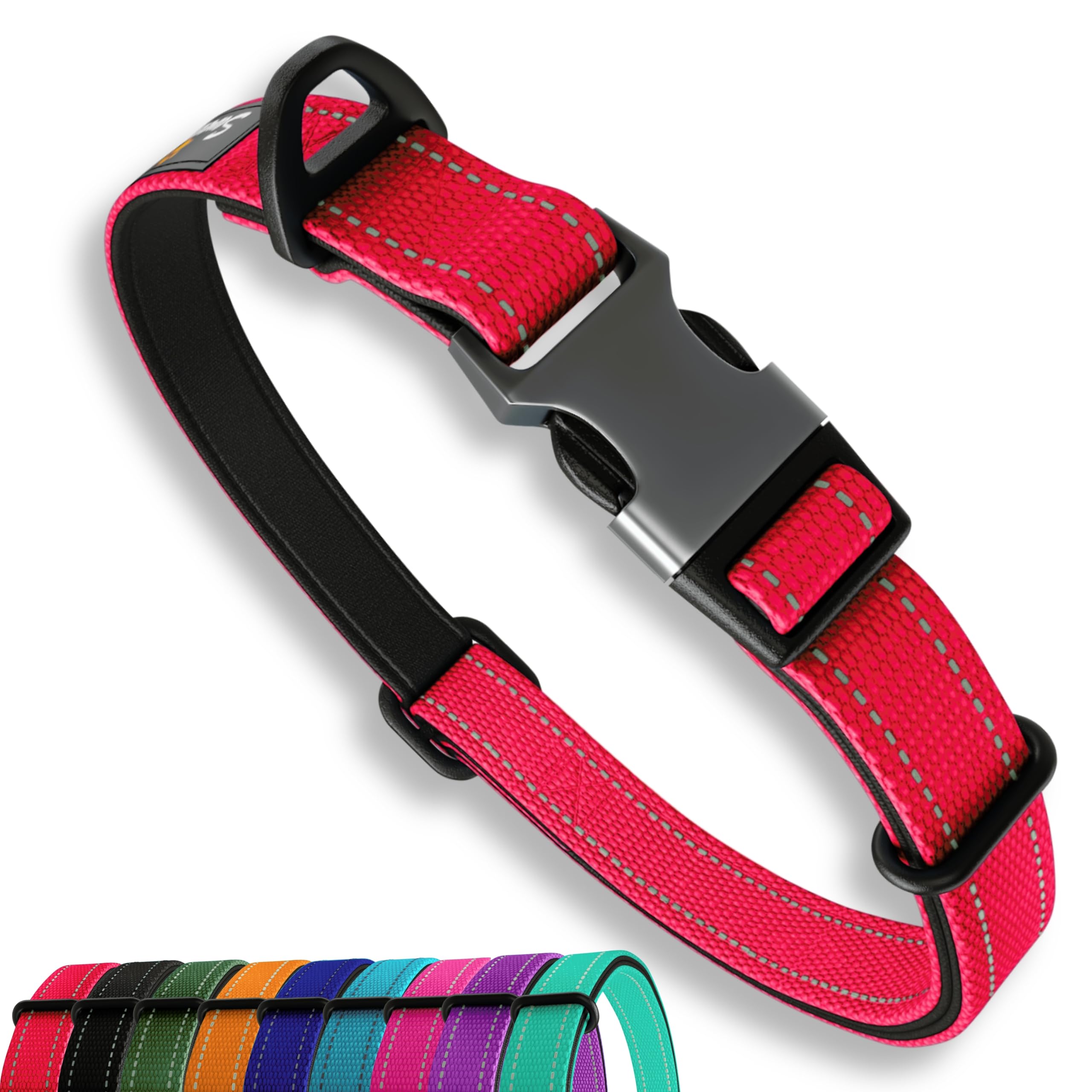 Strong Dog Collar Small Dogs – Red Reflective Adjustable Padded Dogs Collars - Aluminium V-ring Dog Safety — image 1