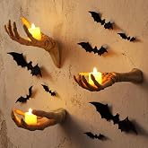 Gerrii 3 Pack Halloween Skeleton Hands Wall Decor, Life-size Gothic | Creepy Reaching Poses, Wall-mounted for Spooky Atmosphere, Candle Holders, Realistic Bone Texture for Haunted House Decor