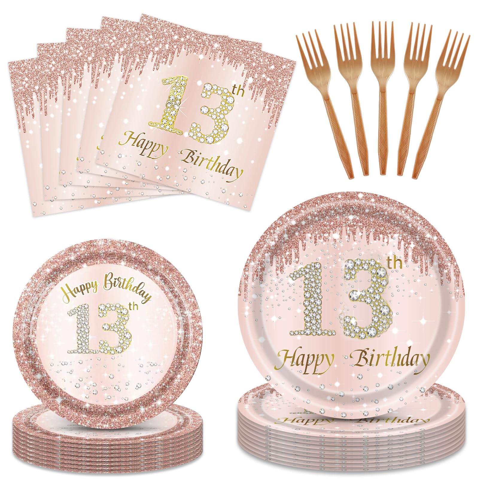 View 1 of 13th Birthday Decorations for Girls,Rose Gold 13 Birthday Girl Decorations Plates and Napkins Forks Disposable Tableware Set 13 Years Old Birthday Party Decorations Favors for Girls