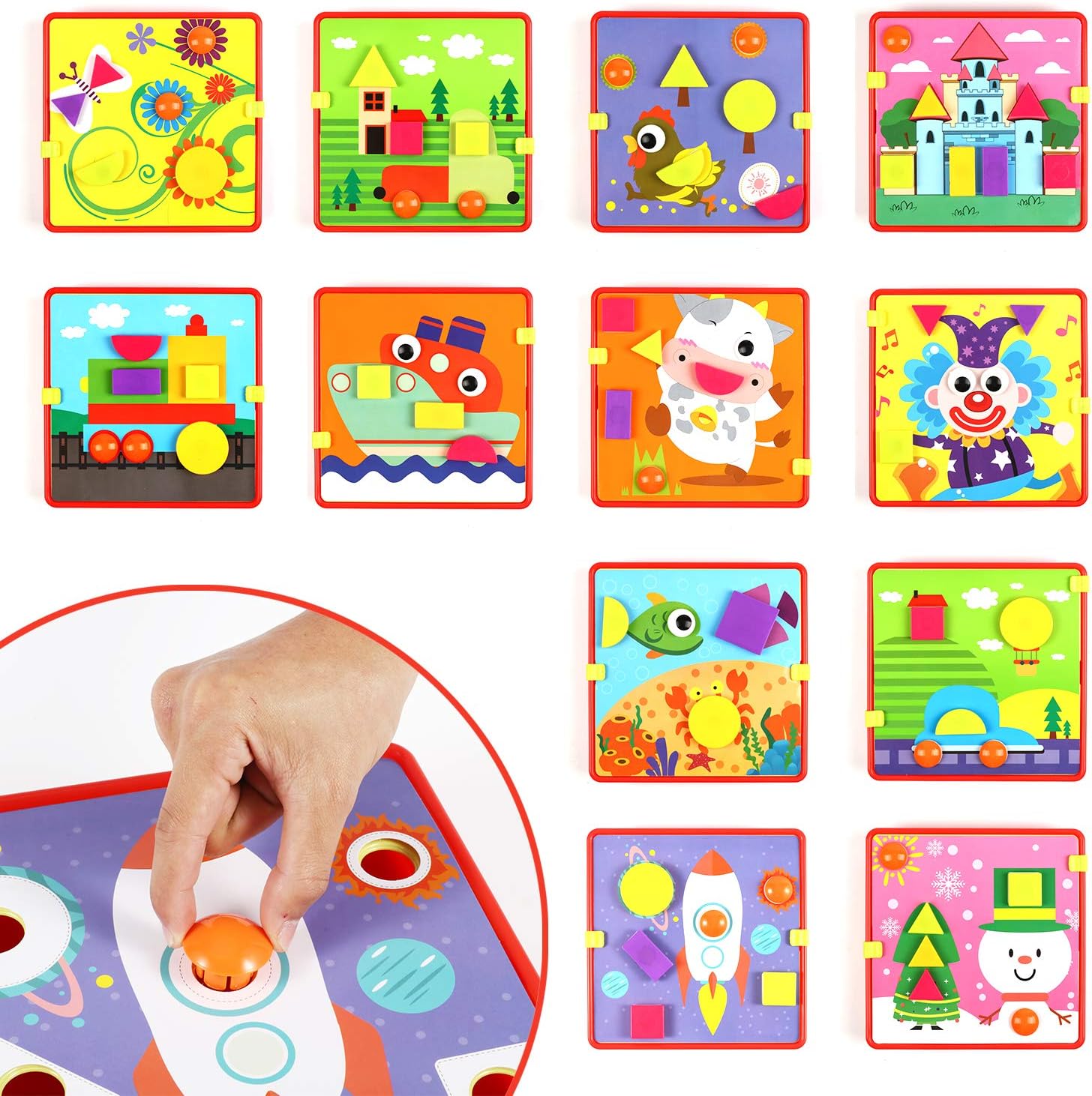 Glonova Button Art Color Matching Mosaic Pegboard Toys, Educational Preschool Geometry Toys for Boys & Girls (12 PCS Pictures &24 PCS Geometric Buttons)