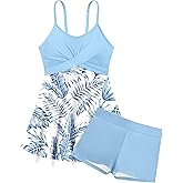 Girls Swimsuits Criss Cross Tropical Print Mesh Dress Bathing Suits with Shorts 2 Piece Tankini for Teens