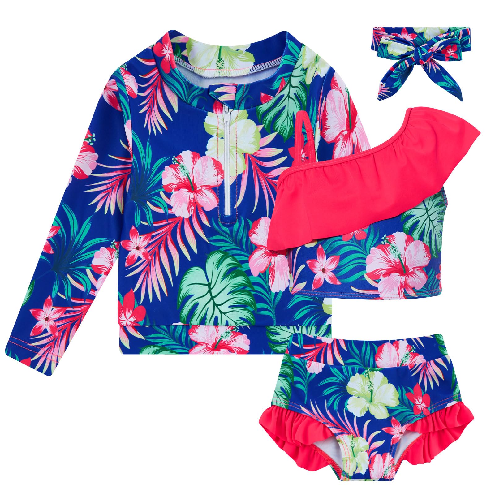 Photo 1 of Funnycokid Toddler Kids Girls Swimsuit 4T 5T Bathing Suits Rash Guard Bikini Sets 4 Piece Floral Tropical Hawaiian Ruffle Long Sleeve Swimwear 4-5 Years