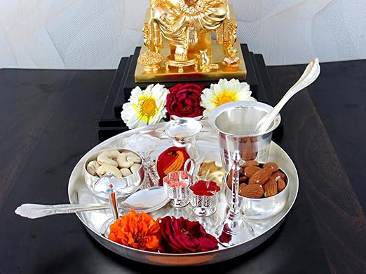 GoldGiftIdeas Silver-Plated Pooja Thali Set (Silver)