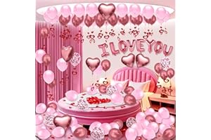 Gojmzo Valentines Day Balloons Kit with Rose Gold Pink Heart Balloons Rose Petals I Love You Balloons for Anniversary Mothers Day Wedding Romantic Decorations Special Night