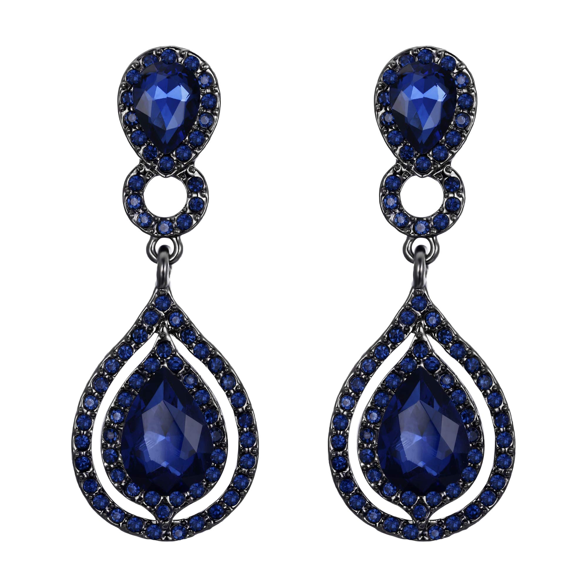 Clearine Wedding Bridal Crystal Teardrop Infinity Chandelier Dangle Earrings for Women Navy Blue Black-Tone