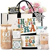 60th Birthday Gifts for Her Women, Gifts for 60 Year Old Woman, Unique 60th Birthday Ideas with Canvas Tote Bag Glass Cup Candle Gift Basket, Presents for Mom Sister Friend Wife Grandma Coworkers
