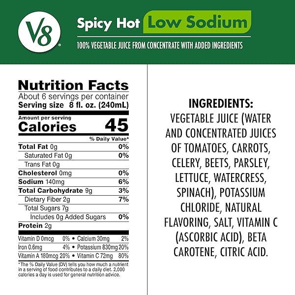 V8 LOW SODIUM SPICY HOT 100% VEGETABLE JUICE, 46 FL OZ BOTTLE