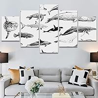 SIGNWIN 5 Panel Canvas Wall Art Modern Art Dolphin Expressive Marine Life Multicolor Nautical Photography Whale for Home Decorations Ready to Hang - 60