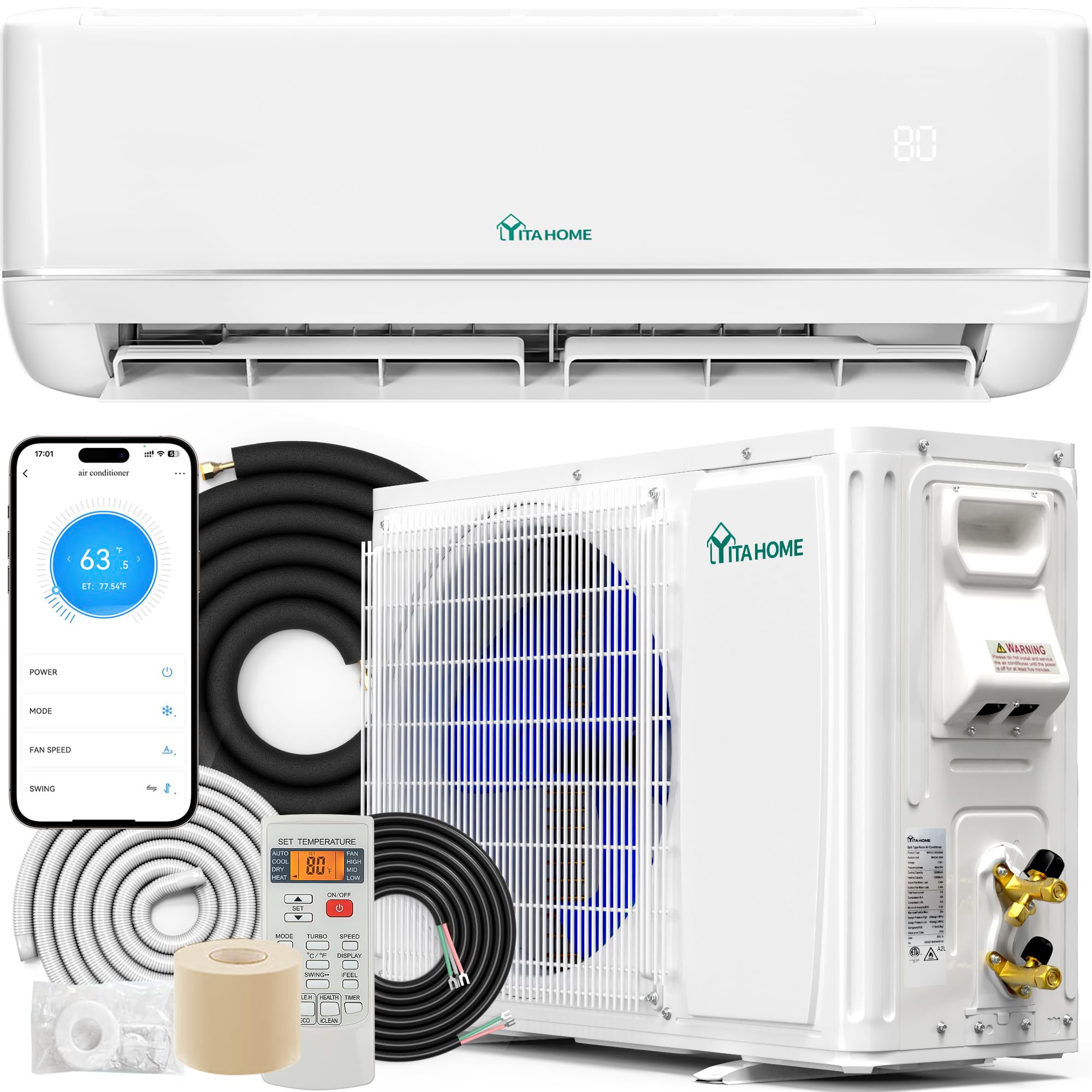 Photo 1 of   ***(OPEN BOX, UNTESTED, MISSING PARTS UNKNOWN)***
 21 SEER2 12000 BTU Mini Split Air Conditioner Heat Pump System, Wifi Enabled 208-230V Inverter Ductless AC Cool Up to 750 Sq. Ft, Compatible with Alexa, Complete Installation Kit, White   ***(OPEN BOX, 