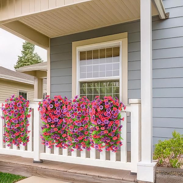 INQCMY ARTIFICIAL FLOWERS FOR OUTDOOR SPRING SUMMER DECORATION FAUX SILK MORNING GLORY FAKE HANGING FLOWERS UV RESISTANT LOOK REAL FOR HOME PORCH (HOT PINK&ORCHID-2B)