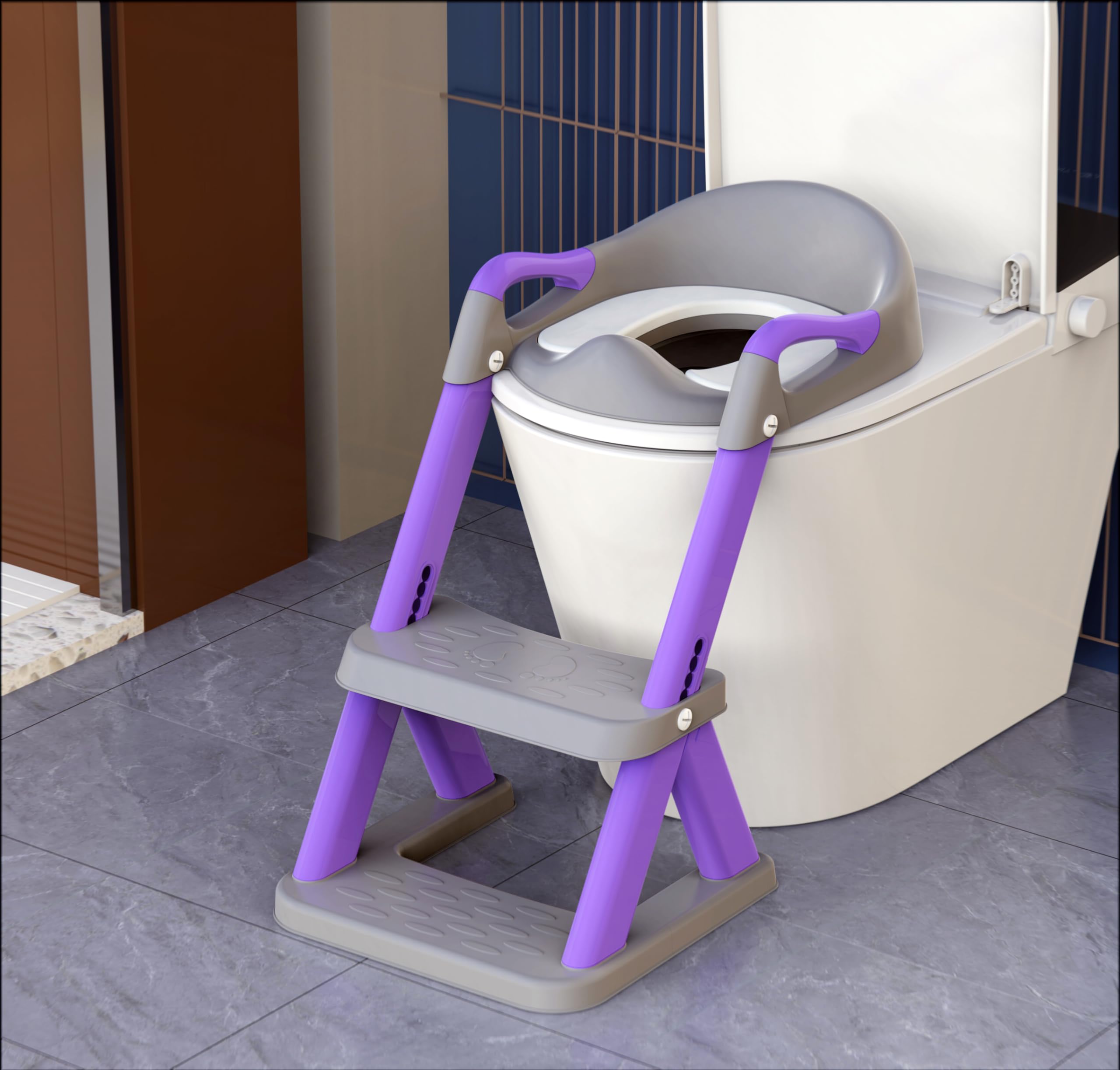 Photo 1 of SKYROKU 8868 Potty Training Seat with Step Stool - Adjustable Height, Non-Slip, Splash-Proof, Foldable 2-in-1 Toddler Potty Seat with Armrests and Replaceable Cushion - Fits Most Toilets (Purple)
