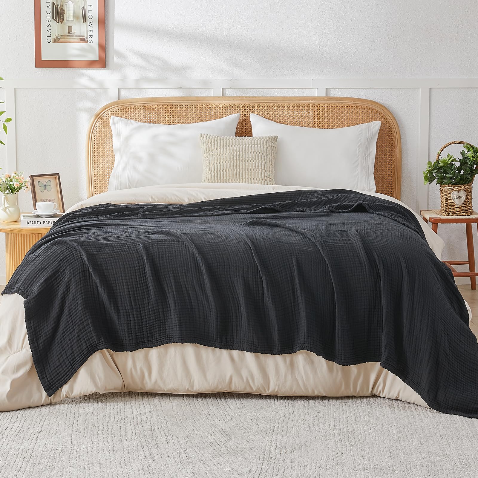 Photo 1 of EMME Cotton Muslin Queen Blanket Bed Layering Breathable Gauze Blanket Soft Lightweight Blankets Adults (Black, 90"x90")
