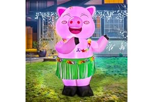GUDELAK 5FT Hawaiian Inflatable Outdoor Holiday Yard Decorations, Dancing Hula Pig with LED Lights, Funny Yard Decorations Outdoor Tropical Hawaiian Party Decor for Garden Lawn Beach Pig Decor