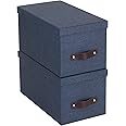 Bigso Silvia Organizational Storage Box | Photo Storage Box with Leather Handle for Shelves and Stacks Easily | Durable and Decorative Storage Boxes with Lids | 5.9″ x 6.5″ x 11.6″ | 2 Pack | Blue