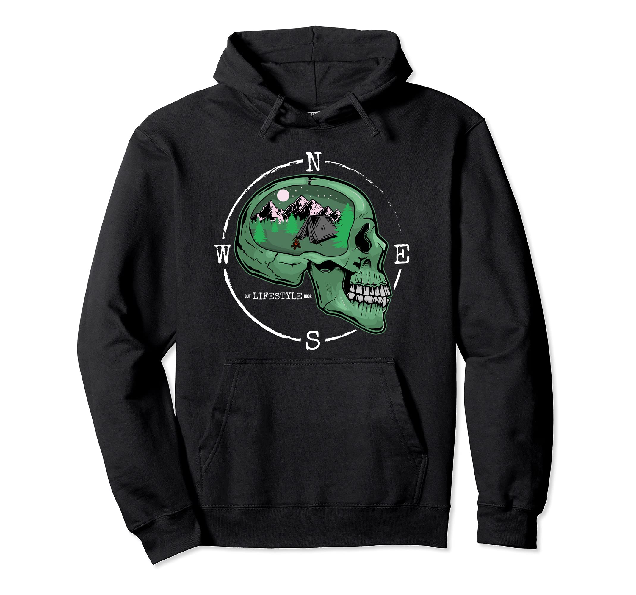 Skull Compass and Mountains Outdoorsman Camping Nature Lover Pullover Hoodie