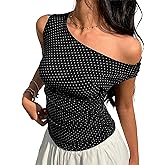 EMMIOL Off Shoulder Tops for Women Cute Sleeveless Polka Dot Shirts Ruched Sexy Going Out Tank Top Y2K Clothes