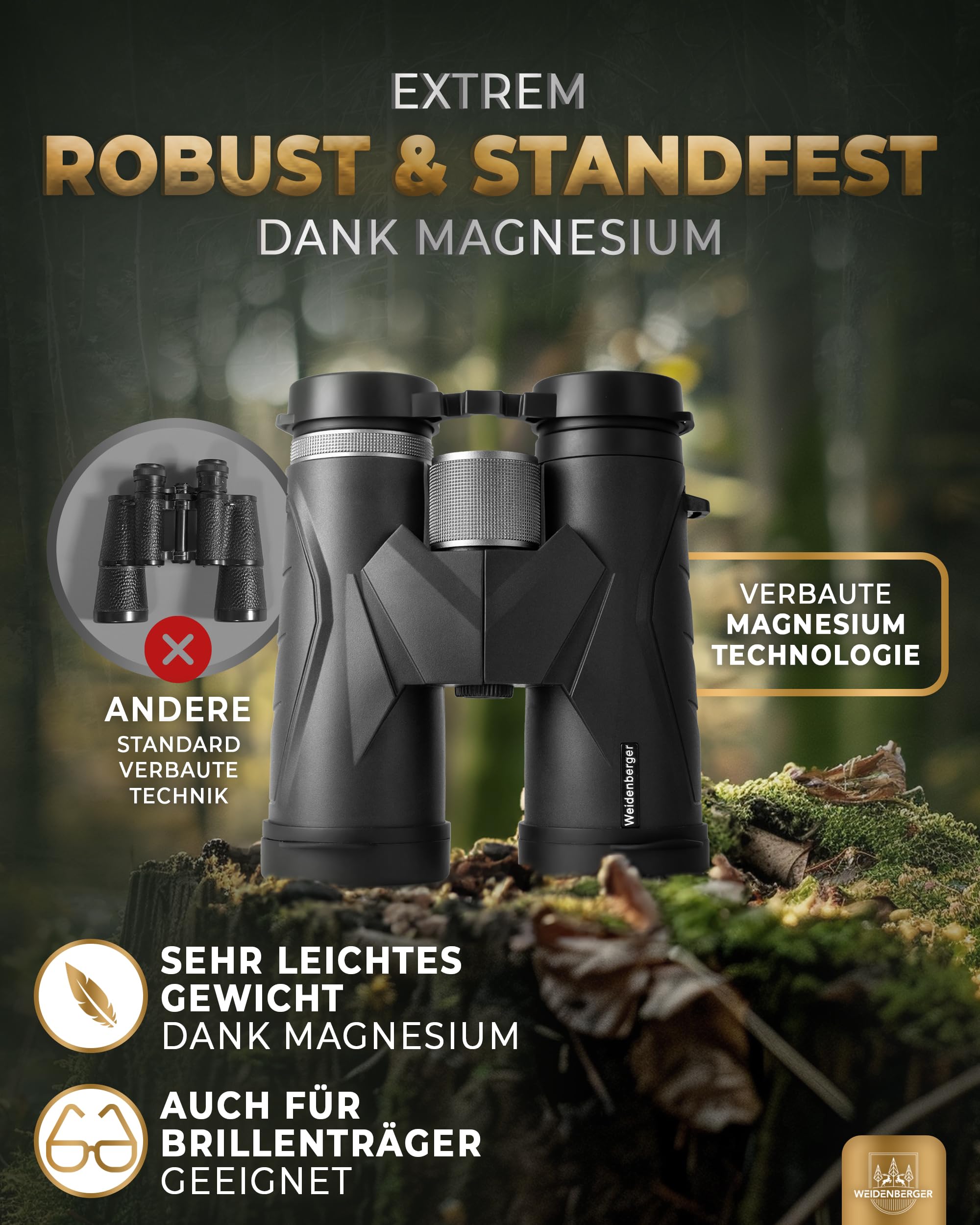 Weidenberger Fernglas 12x42, [TESTSIEGER] Magnesium Fernglas mit Nitrogenfüllung und wasserdicht, für Erwachsene, BAK4 HD Prisma + FMC Objektiv, auch Brillenträger geeignet (Schwarz, 12x42) 2