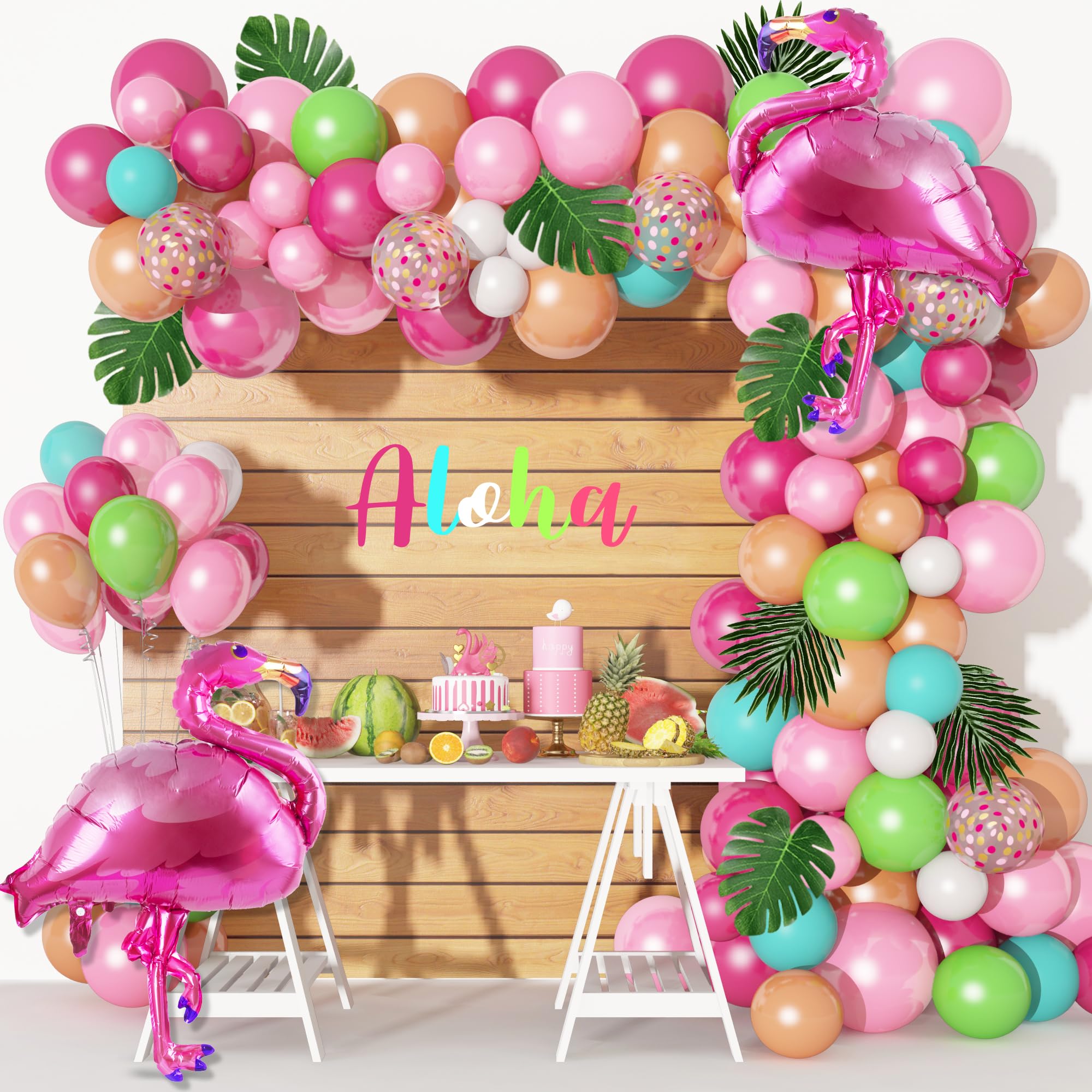 Photo 1 of 136Pcs Tropical Balloon Arch Garland Kit, Flamingo Luau Balloons of Hot Pink Rose Gold Fruit Green Blue & Palm Leaves for Tropical Party Decorations Hawaiian Aloha Birthday Wedding Decor