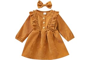 Karuedoo Kids Toddler Baby Girl Corduroy Ruffle Long Sleeve Dress Princess Party Dress Fall Winter Skirt Outfit