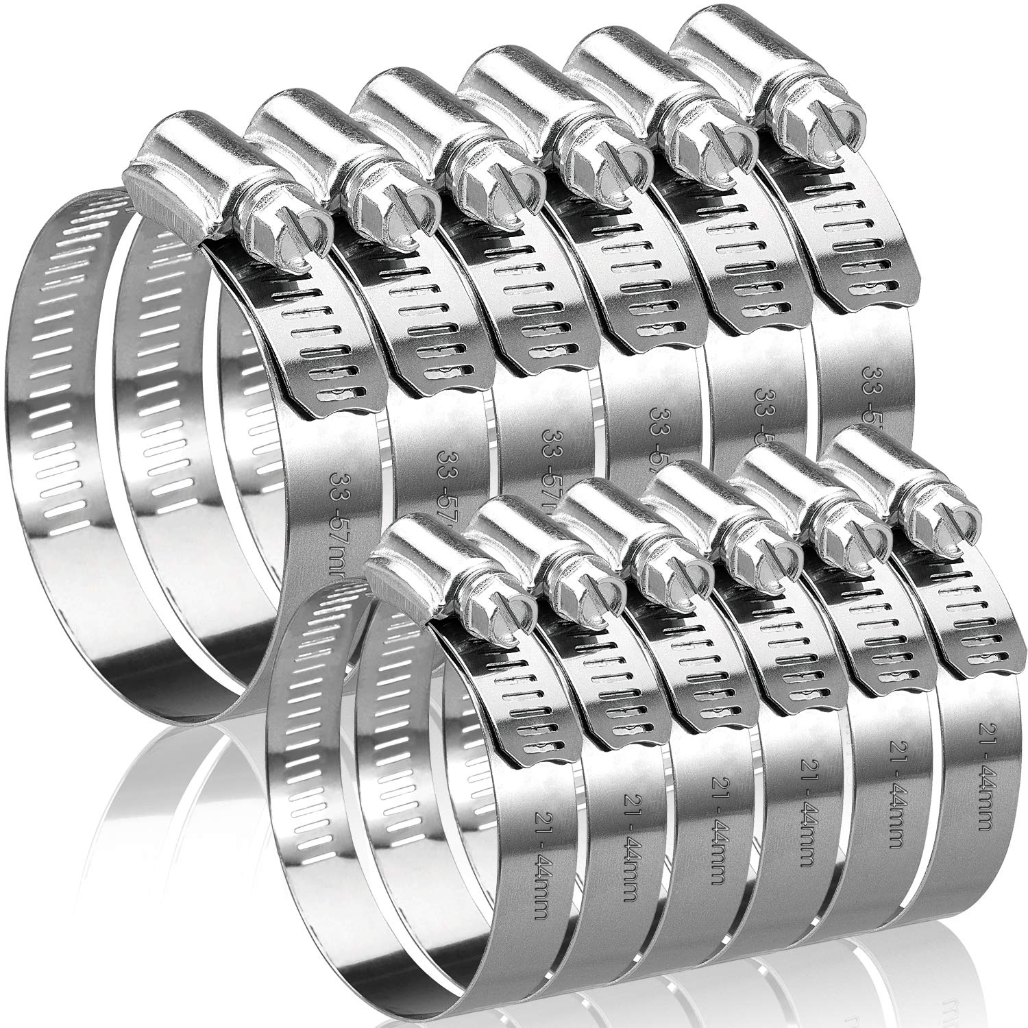 Hose Clips Adjustable 21-57mm Hose Clamp 304 Stainless Steel Pipe Clamps 12 Pack Jubilee Clips for Home Gas Pipe Flexible Hose Pipe Tube