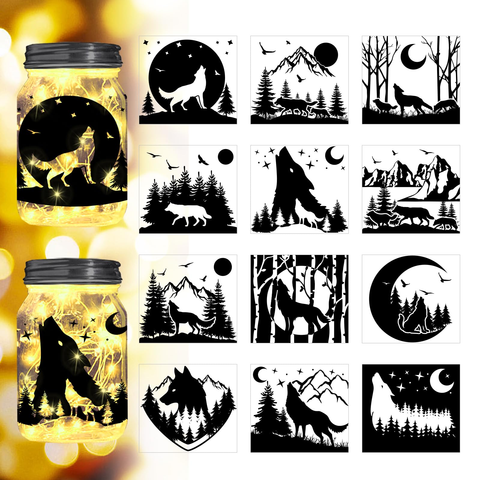 Peacoblue Cats and Butterfly Silhouette Cutouts for Jars, Mason Can, Glass, Wishing Bottle Decor(No Stickers), 12Pcs Reusable Silhouette Lantern DIY Craft Kit Jar Decals Art Mural Garden Home Decor