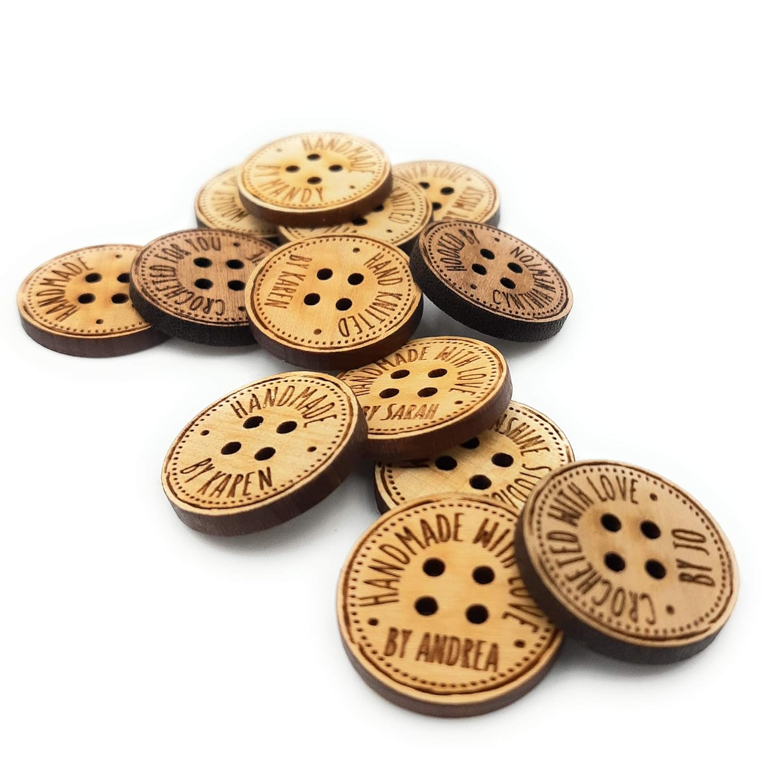 Produc tags, personalized wooden buttons, custom made