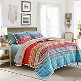 Tititada 3 Pieces Colorful Bohemian Quilt Set Full Queen Size, Boho Striped Blue n Red Printed Bedding Bedspread Coverlet Set for Summer, Soft Lightweight Microfiber Quilt with 2 Shams (88x88 inces)