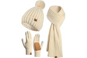 CRUNCH CRATE Winter Beanie Warm Hat Long Scarf Touchscreen Glove Set with Pom Pom Neck Warmer Scarves for Women