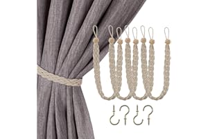 Home Queen Hand Braided Curtain Tie Back, Buckle Holdback Drapery Curtain Tiebacks, 4 Rope Belt Curtain Tie with 4 Metal Hooks, Taupe (Light Gold)
