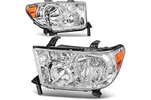 AUTOSAVER88 Headlight Assembly Compatible with 2007 2008 2009 2010 2011 2012 2013 Tundra/ 2008-2017 Sequoia Headlamp Replacement Chrome Housing Amber Reflector Clear Lens