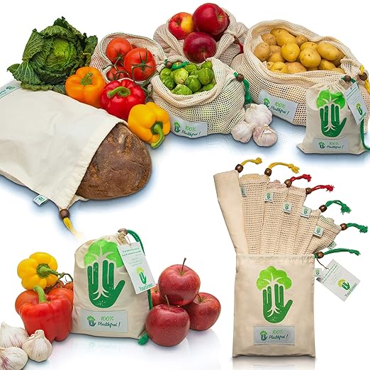 YourGreen 7er Set Obst- und Gemüsebeutel – 100% Baumwolle, extrem stabil, wiederverwendbar, fair und nachhaltig – INKL. Brotb