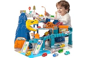 MSKOLER Dinosaur Race Car Tracks for Toddlers 2-4 Years, Dinosaur Climbing Hills Railcar, Toy Car Track Play Set with 7 Small Race Cars, Preschool Birthday Gifts for 3 4 5 6 7 8 Year Old Boys Girls