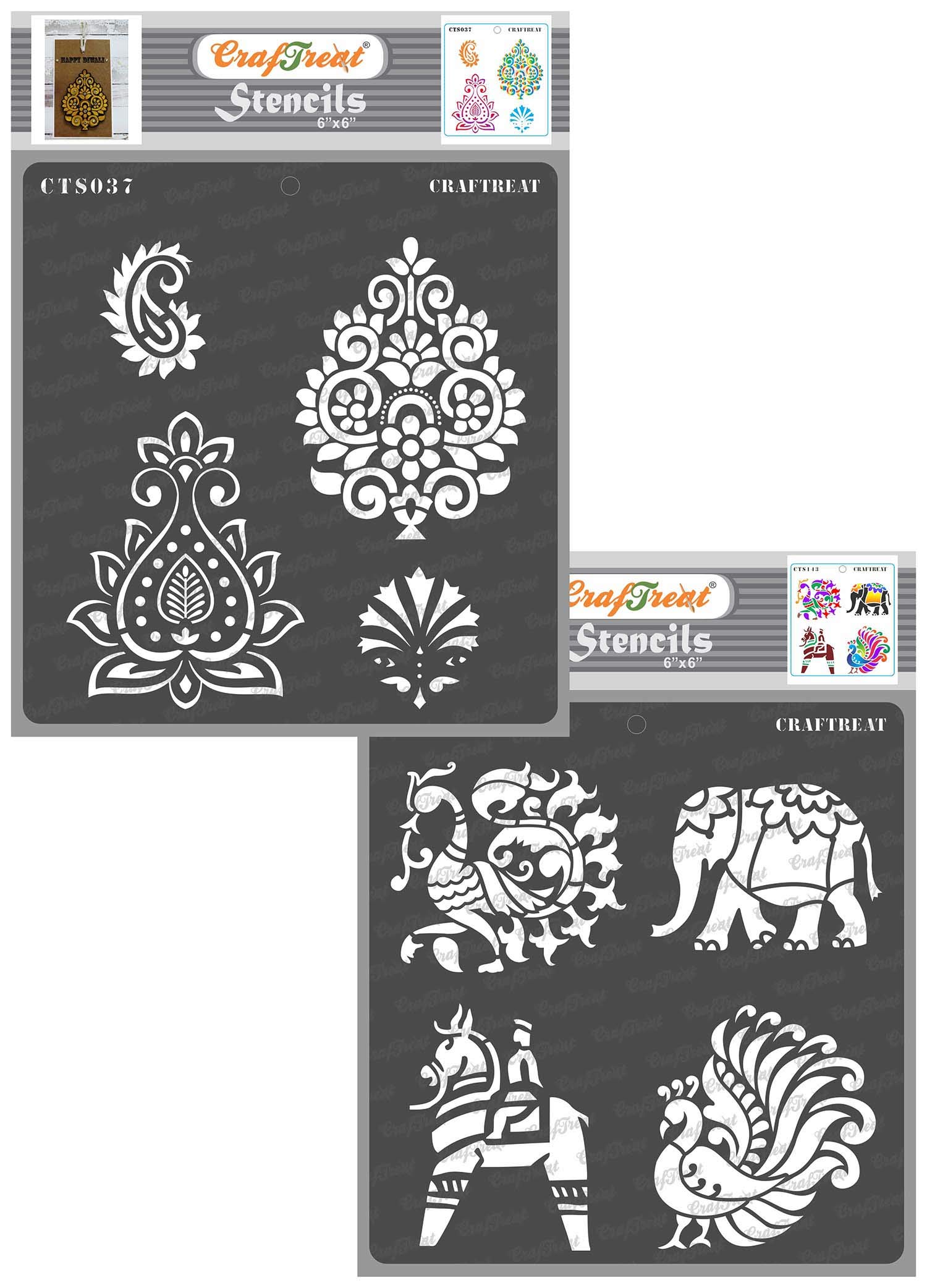 CrafTreat Reusable Indian Motif Stencils for Painting on Wood, Wall, Tile, Canvas, Paper, Fabric and Floor - Indian Motifs and Indian Motifs 2-2 Pcs - 6x6 Inch Each - DIY Art and Craft Stencils