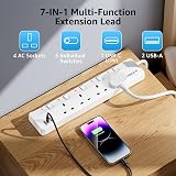 PIBEEX Extension Lead with USB C PD 20W 2 USB A 1 USB C 4 Way 2m Wall Mount view 2