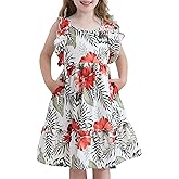 HIGHUZZA Girls Summer Dresses Tween Back to School Outfit Ruffle Casual Hawaiian Dress with Pockets for 7-12 Years