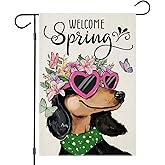 EKOREST Welcome Spring Garden Flags 12x18 Inch Double Sided, Watercolor Dachshund Dog with Sunglasses Flowers Small Seasonal Decoration for Holiday Summer Yard Outside Outdoor Decor