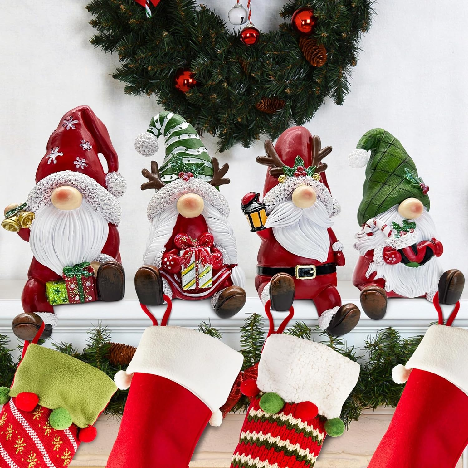 Stockings & Holders - HALOKEY 4 Pack Christmas Stocking Holders for Mantle, Gnomes Stocking Hangers for Mantel as Christmas Decorations-Christmas Mantel and Fireplace Decorations