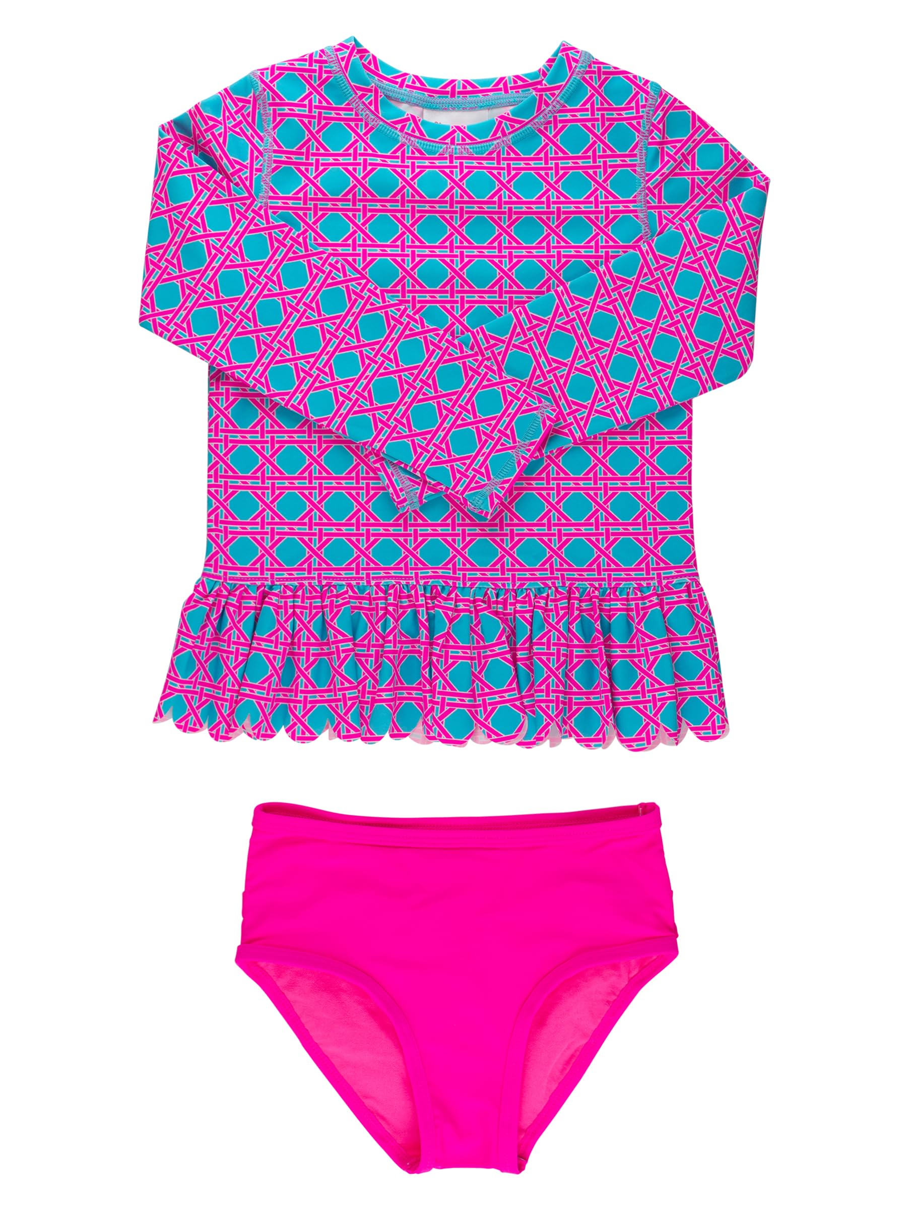RuffleButts Baby/Toddler Girls Scalloped Long Sleeve Rash Guard 2-Piece UPF50+ Sun Protected Swimsuit - Neon Sorbet Cane, 18-24m Image