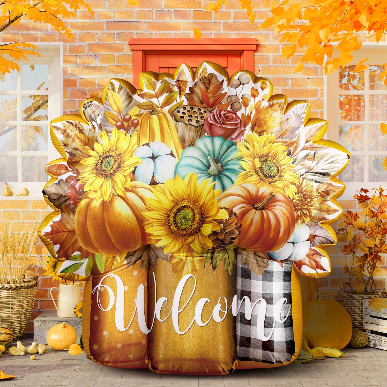 Photo 1 of Halloscume 5ft Fall Inflatable Outdoor Decoration Blow up Autumn Mason Jar Flowers Built in LED Lights for Thanksgiving Day Yard Lawn Supplies