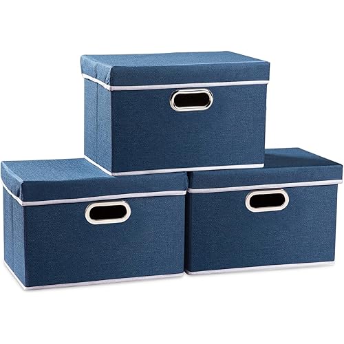 Prandom Collapsible Storage Bin with Lid [3-Pack] Fabric Foldable Storage Box Organizer Container Basket Cube with Cover for Home Bedroom Closet Office Nursery Royal Blue(14.9x9.8x9.8)