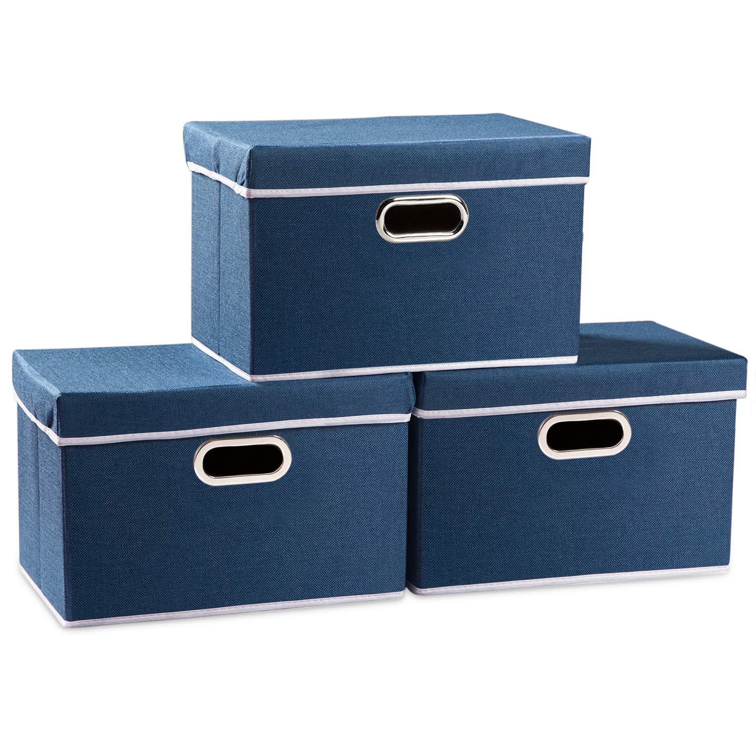 Prandom Storage Boxes with Lids,Collapsible Linen Fabric Storage Box,Decorative Bins,Really Useful Box,Clothing Storage,Stackable,38x25x25cm,Royal Blue[3-Pack]