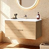 24 Inch Bathroom Vanity with Sink, Modern Floating Bathroom Vanity with Resin Sink, 2 Large Storage Darwers, Wood Grain Texture Wall Mounted Vanity, Gold Handles