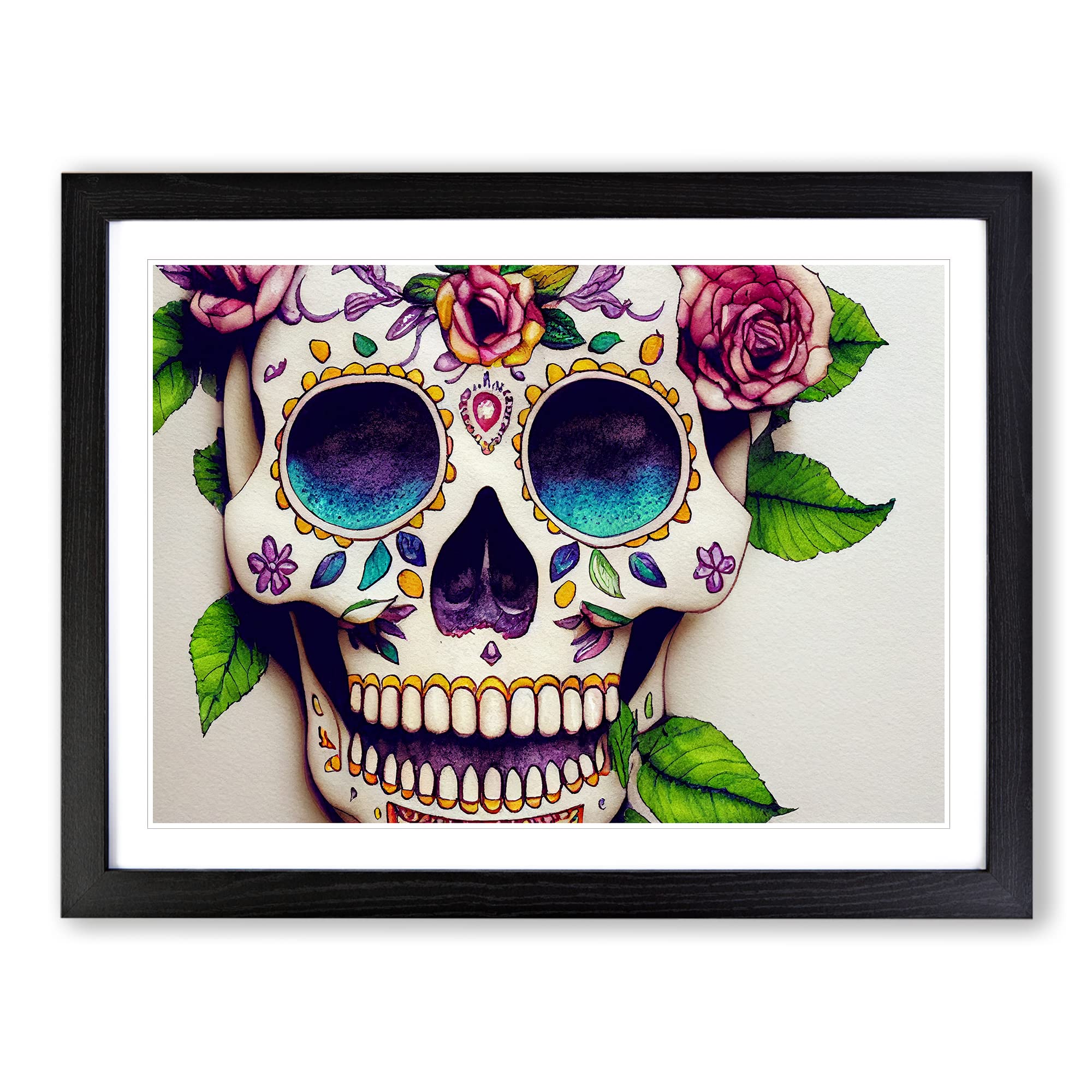 Masterful Floral Sugar Skull Framed Print | A3 Black Framed Wall Art | Ready to Hang | Modern Skull Picture | Living Room Bedroom Lounge Office