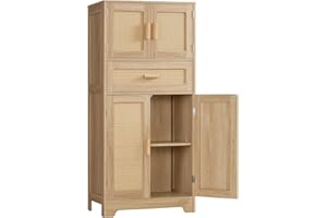 TEENFON 47.2" H Tall Storage Cabinet with Adjustable Shelf, Rattan Cabinet with Large Drawer, Cupboard for Living Room, Dining Room, Entryway, Home Office, Natural