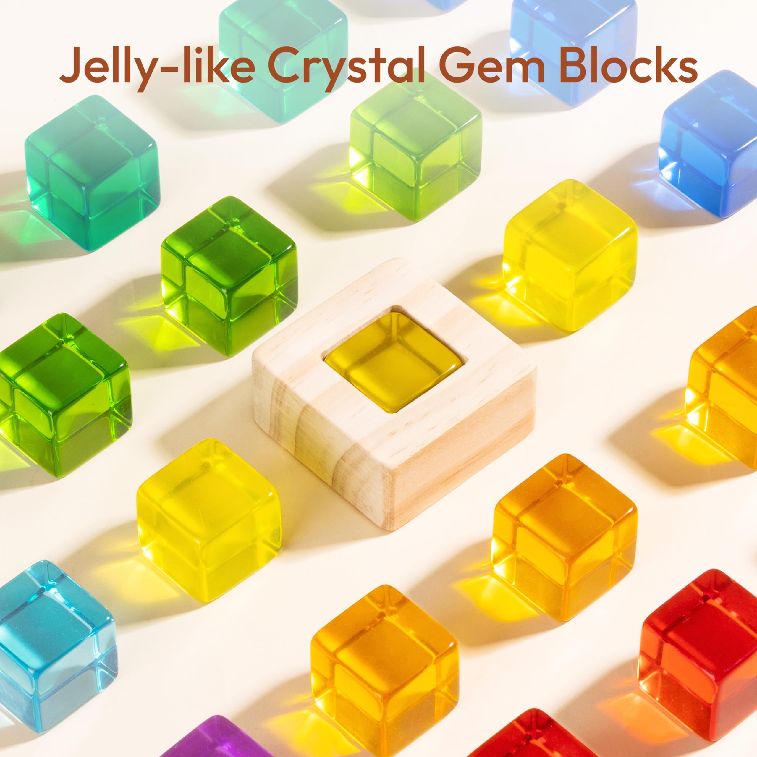 Woodtoe Wooden Rainbow Building Blocks Set for Kids, 22 PCS Wooden Blocks & 25 PCS Gem Cubes Stacking Blocks, Montessori Stacking Toys for Toddlers, Educational STEM Christmas Toys for Boys Girls 3-6