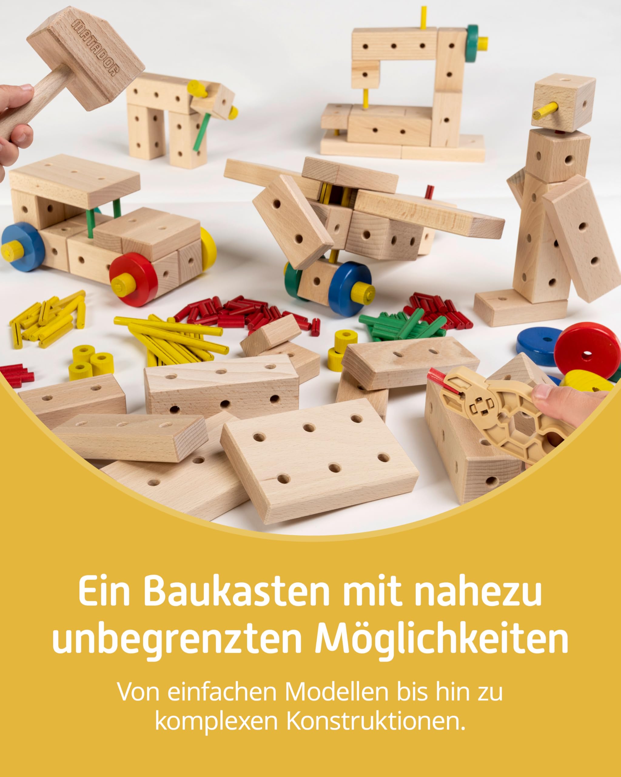Matador Kinder Baukasten ab 3 Jahren 108-tlg. - Spannendes Holz Konstruktionsspielzeug zur Schulung von Kreativität und Feinmotorik, Bauspielzeug mit Stäbchen, Klötzen, Hammer & Zange 3