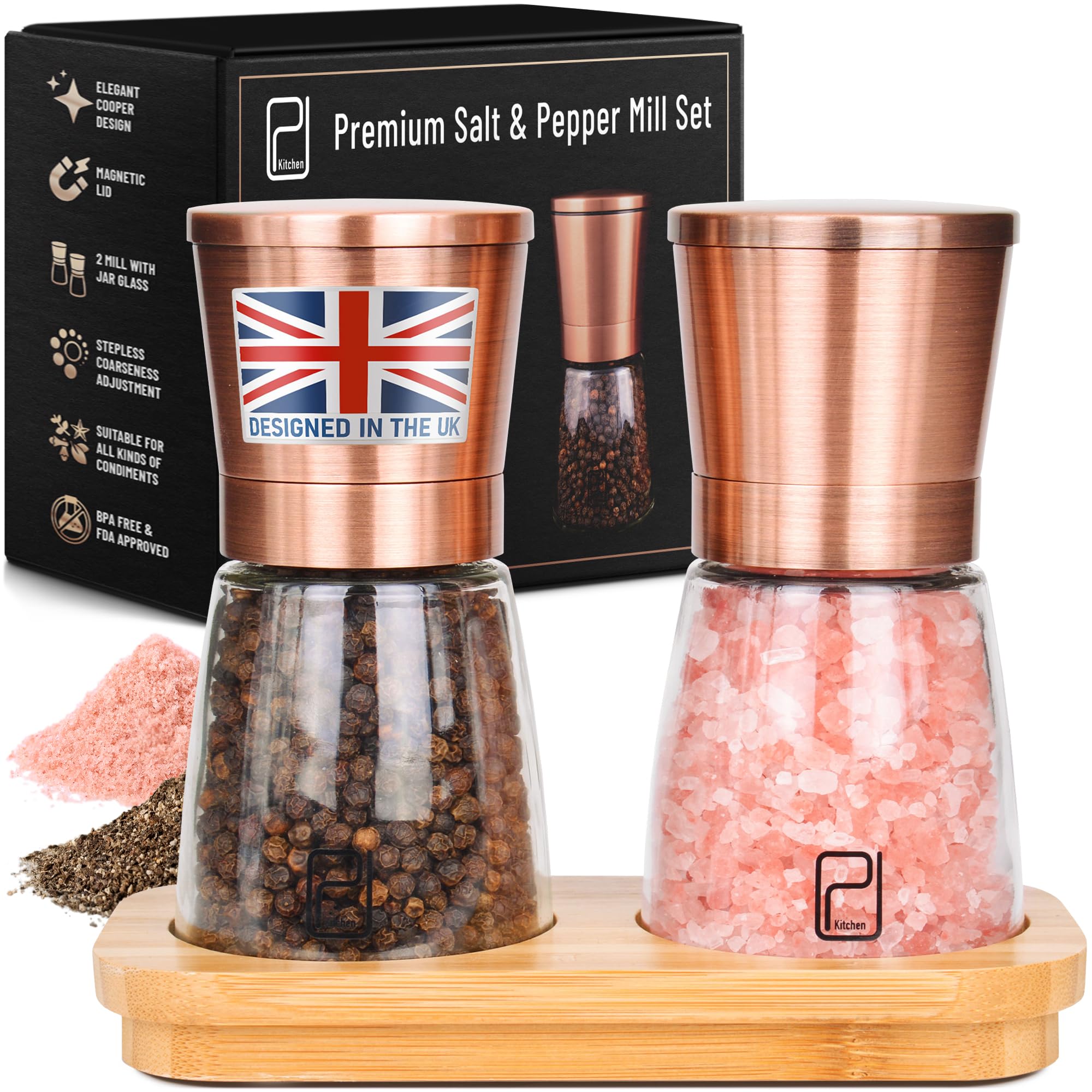 Premium Salt and Pepper Grinder Set w/Bamboo Holder - 6 oz, Copper Stainless Steel - S&P Spice Shakers - Refillable & Adjustable Coarseness Hand Mill for Spices & Seasonings - by PJC-Kitchen