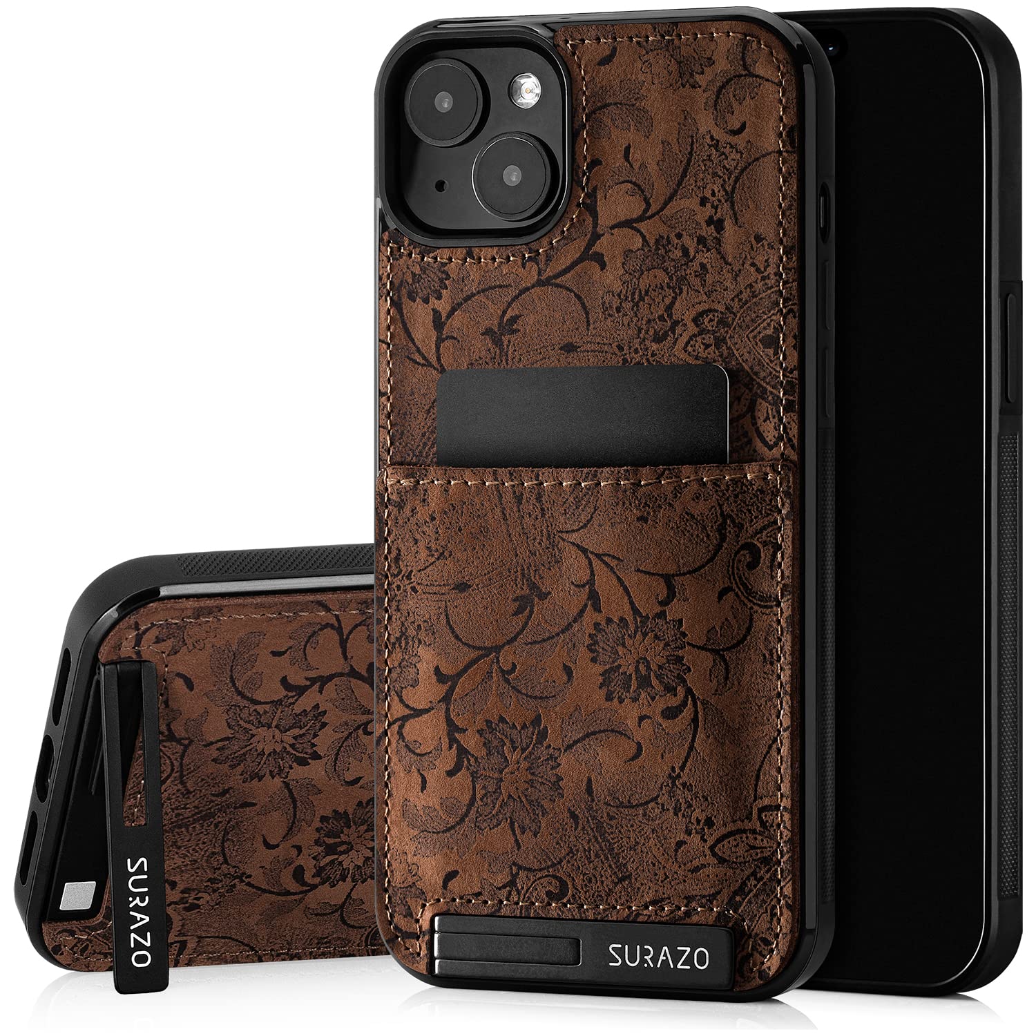 SURAZO Protective Phone Case for Apple iPhone 15 Plus Case - Genuine Leather Cover with Card Holder - Slim Back Case with Foldable Stand and Keychain - Robust Bumper Protector (Floral Brown)